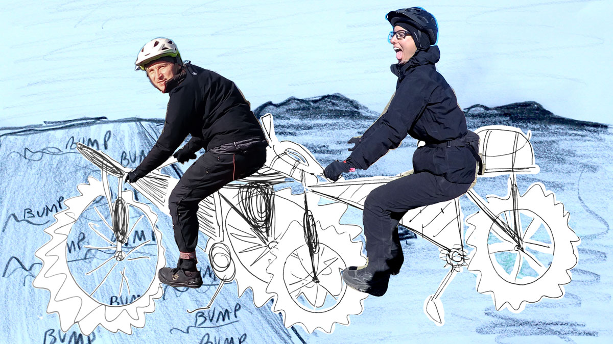 collage of iceland drawing and the authors on bicycles